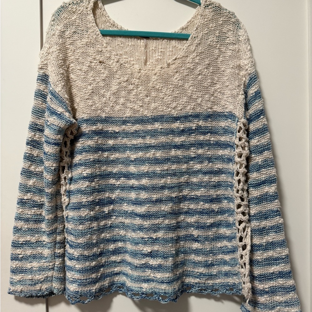Free People - Blue and White Striped Sweater Loose Knit - Size Medium